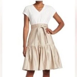 Calvin Klein Womens V-Neck Mixed Media Belted Tiered Hem Dress Cream Tan Size 10